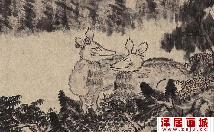 【八大山人《群鹿图》梅花鹿配水墨山水画局部高清大图