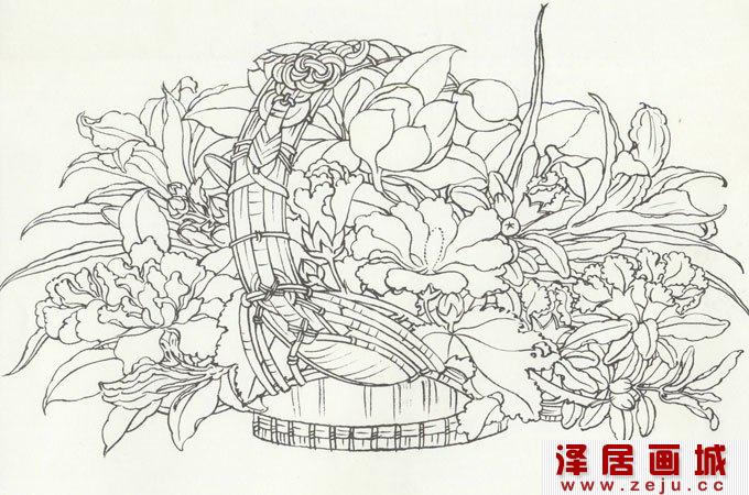 宋代李嵩《花篮图》写实工笔花卉花鸟画白描稿