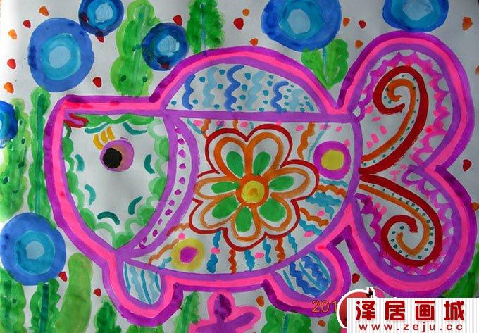 鱼的儿童水粉画:鱼儿鱼儿水中慢慢游（1）