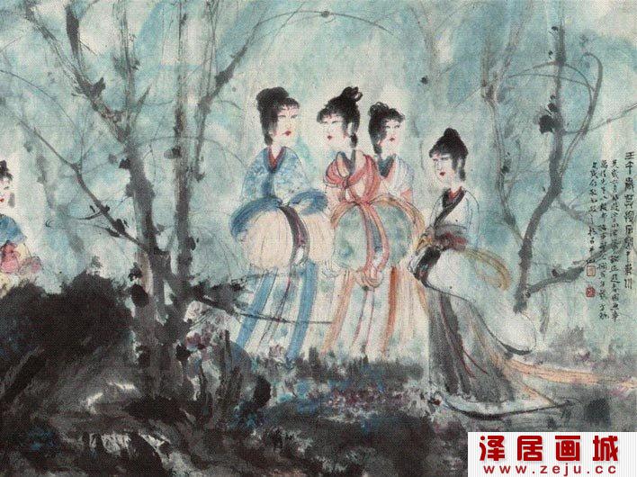 傅抱石1942年《游春仕女图》局部高清大图