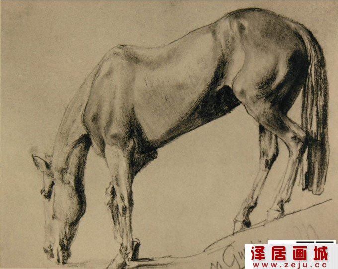 门采尔两副马的素描作品:饮水的马