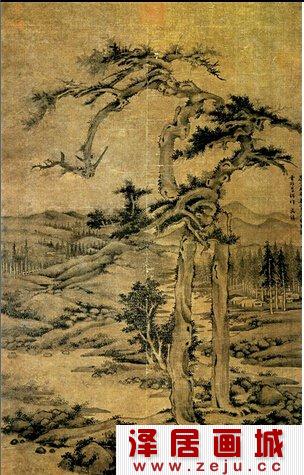  吴镇山水画《双松图轴》