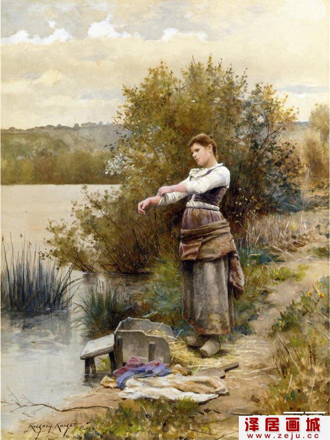 水彩画《洗衣妇人》-美国画家可耐特水彩画图片