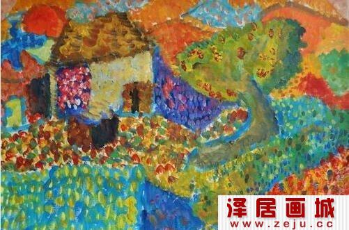 乡村风景儿童水粉画
