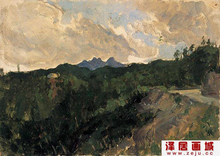 靳尚谊1959《远望井冈山》描绘井冈山风景的油画风景作品高清大图