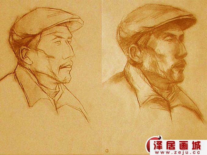 素描头像教程:戴帽子的老人头像素描1