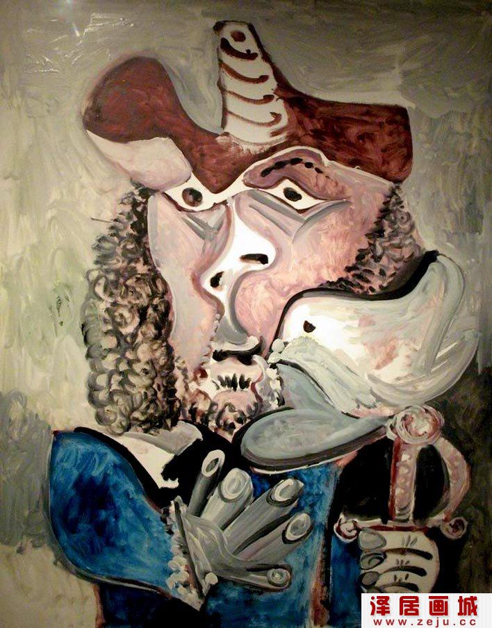 毕加索《带鸟的步兵》毕加索晚年油画人物抽象作品