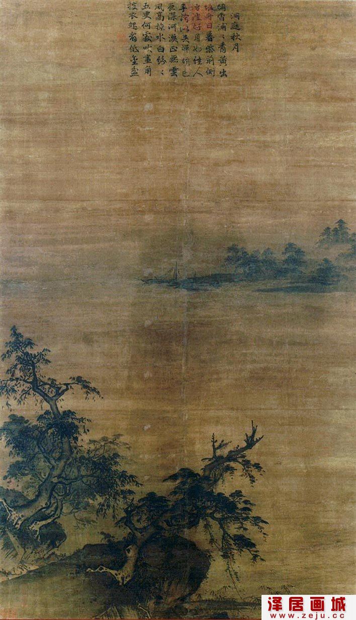 夏圭《洞庭秋月图》_描绘洞庭湖秋季夜晚景色的山水画高清大图
