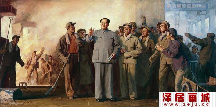 靳尚谊《毛主席在炼钢厂》工业题材红色经典人物群像油画高清大图