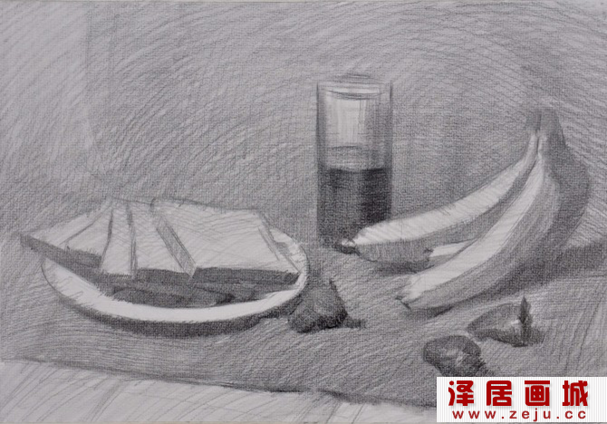香蕉面包草莓静物组合素描教程步骤
