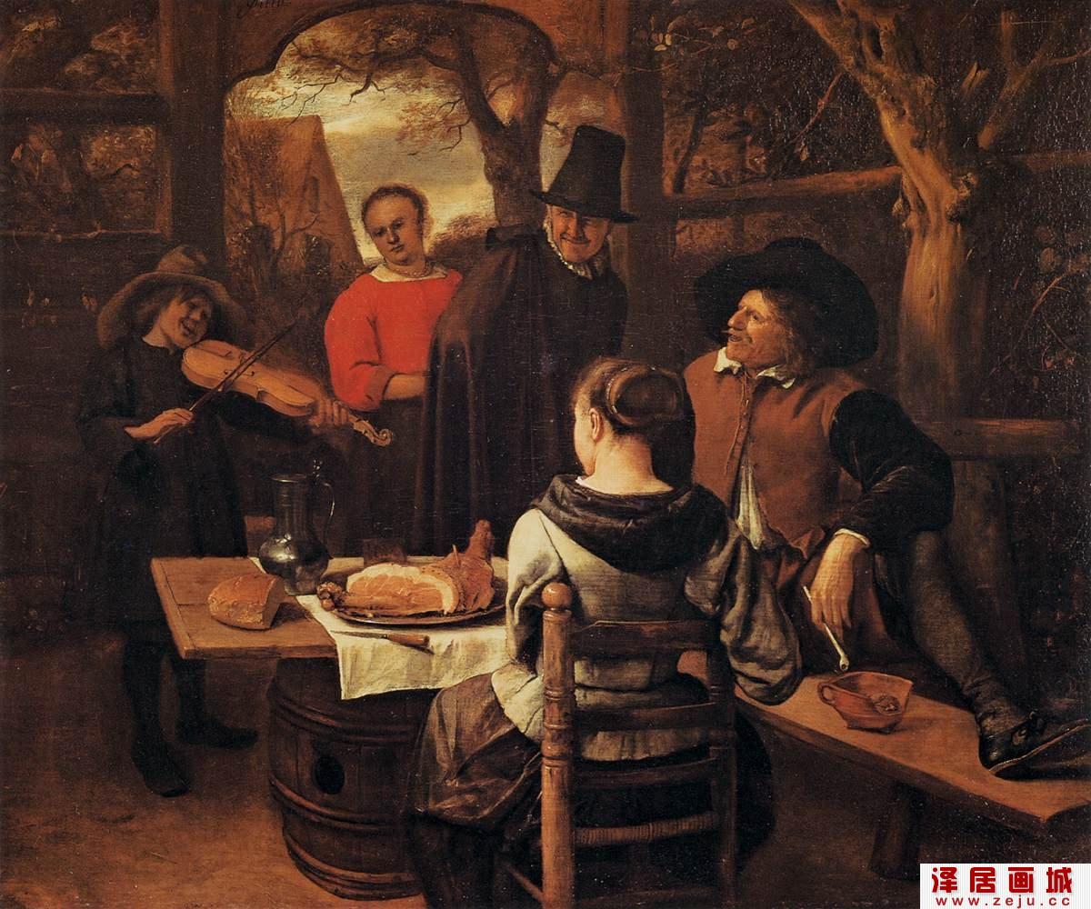 杨斯丁风俗油画《进餐》