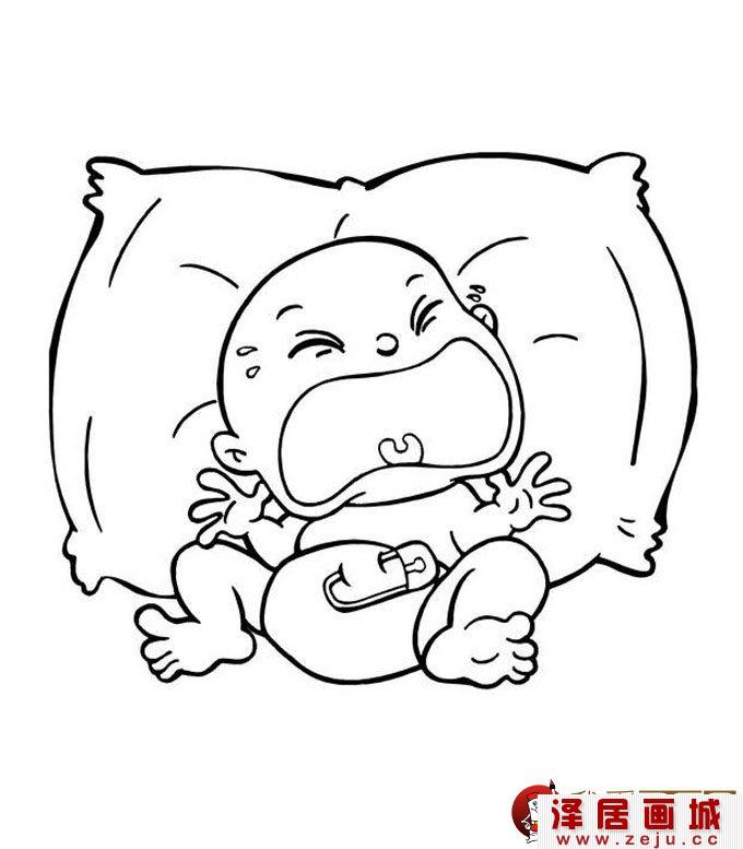 穿着纸尿裤躺在枕头上大哭的婴儿简笔画