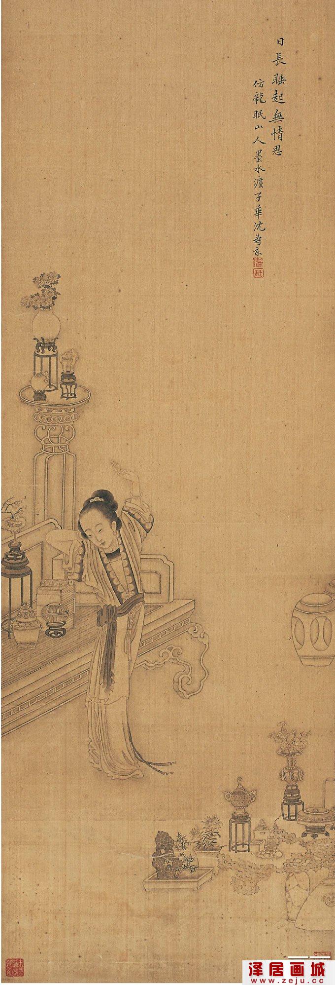 古代人物白描画《春意图》沈寿康 清