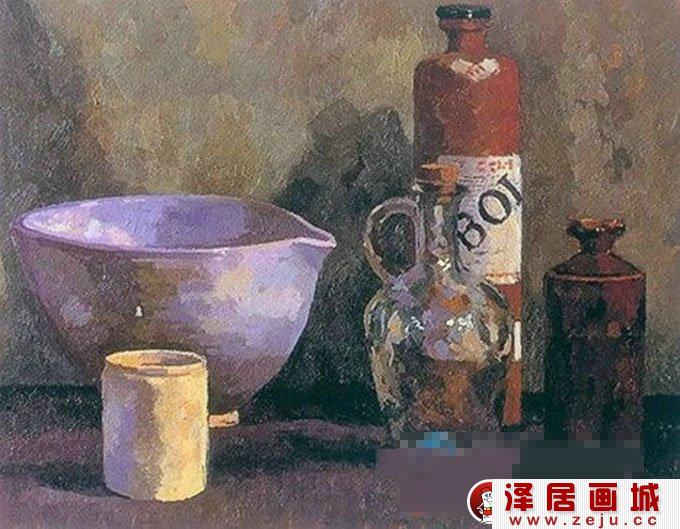 油画静物《陶器与玻璃瓶》画家詹姆斯.霍顿