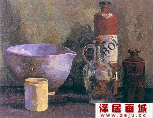 油画：《陶器与玻璃瓶》，画家：詹姆斯•霍顿