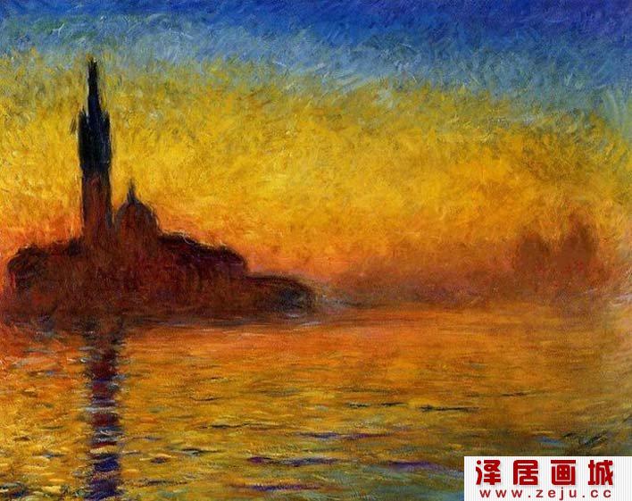 莫奈《日落》_阿弗尔港口写生风景油画作品欣赏