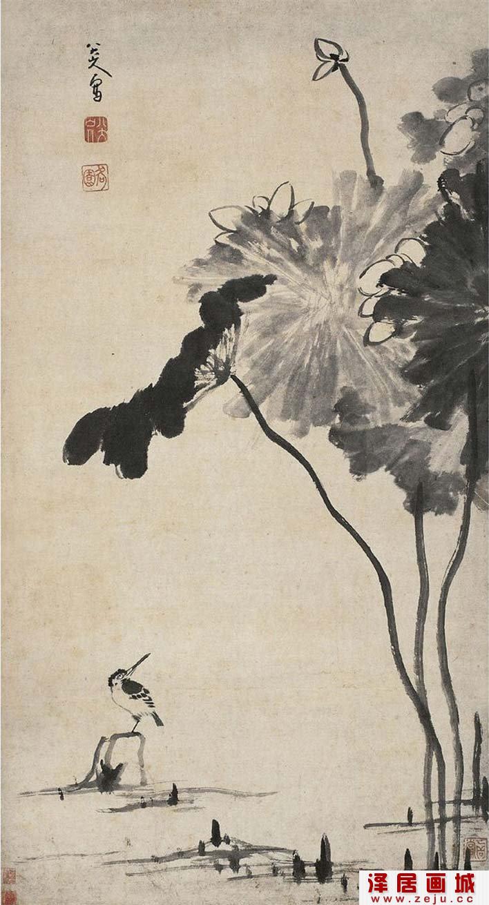 八大山人《荷花翠鸟图》_朱耷水墨写意花鸟画高清大图