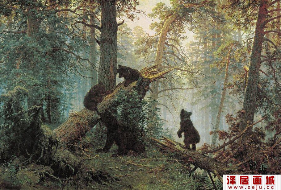 树林风景油画：松树林之晨
