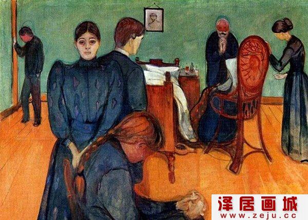 蒙克油画《在灵床旁》