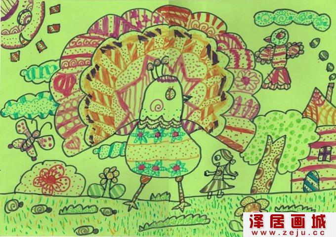 孔雀水粉儿童画，美丽的孔雀开屏儿童水粉画01