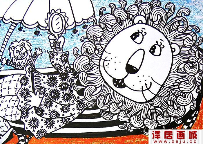 儿童线描画狮子