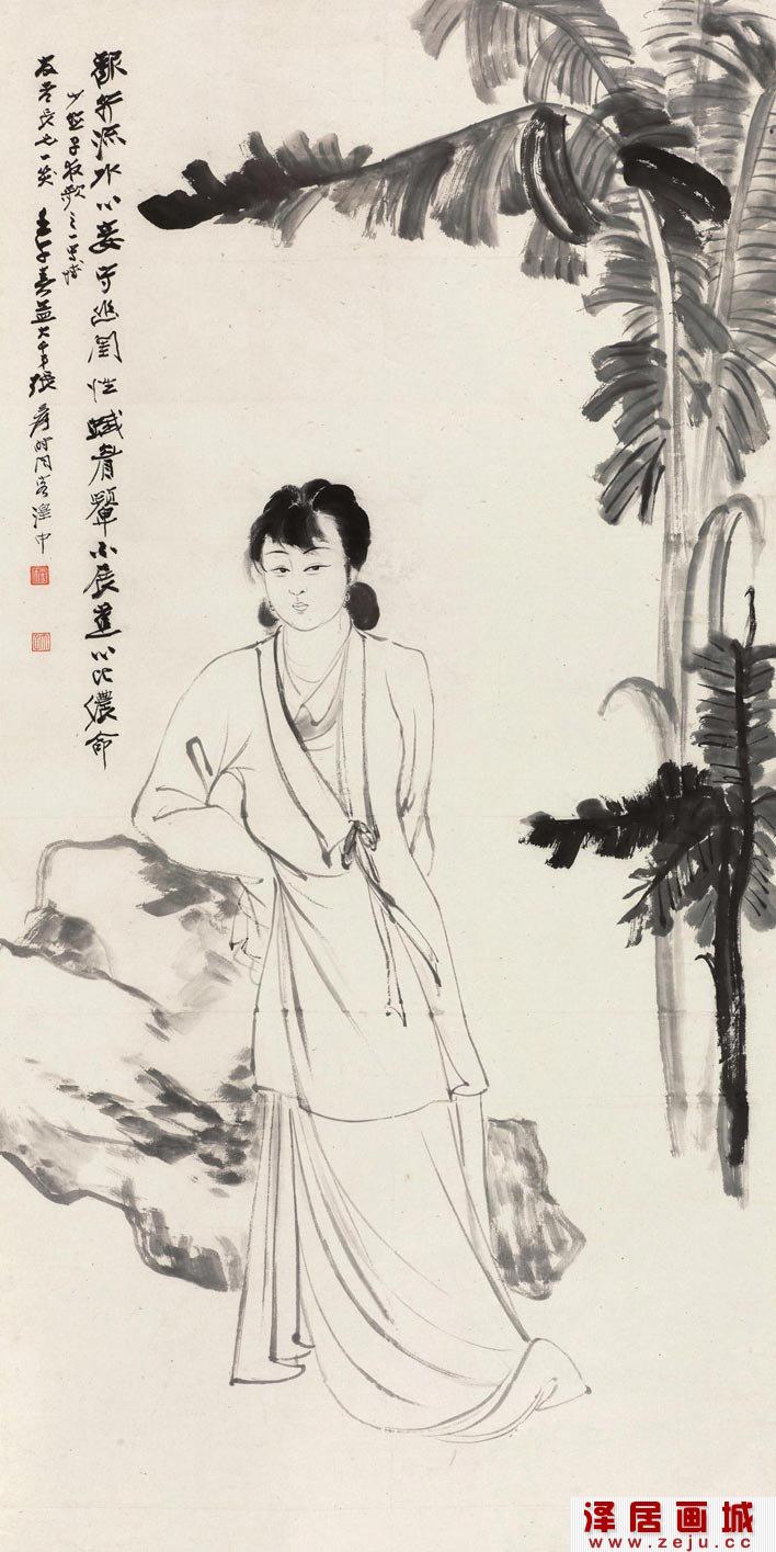 张大千《芭蕉仕女》1942年作水墨白描仕女画