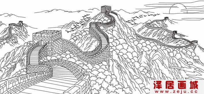 长城简笔画图片，万里长城线描画简笔画图片
