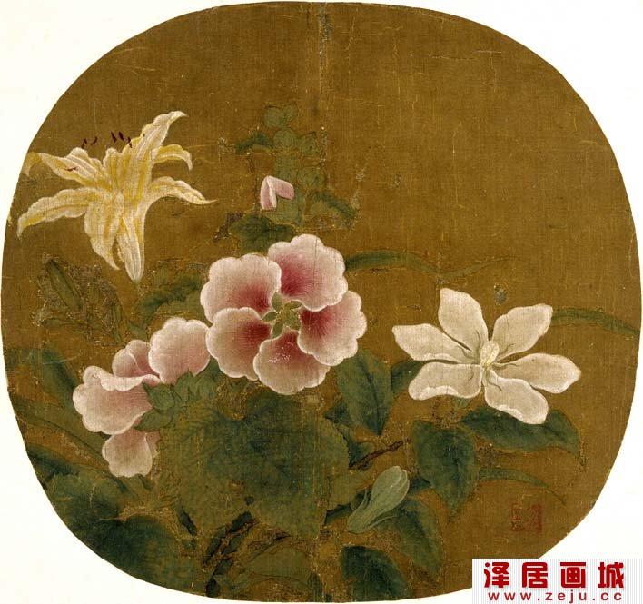 鲁宗贵《夏卉骈芳图》_宋代纨扇工笔花卉写生名画