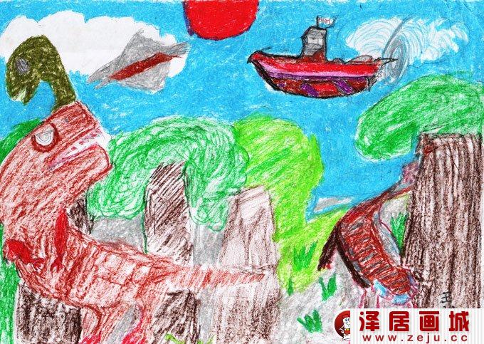 儿童穿越科幻画《重返三叠纪》13岁儿童蜡笔画作品