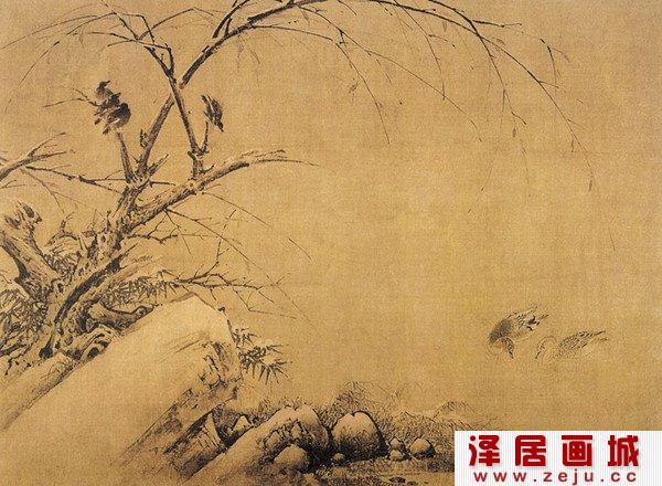 黄荃国画雪竹文禽图
