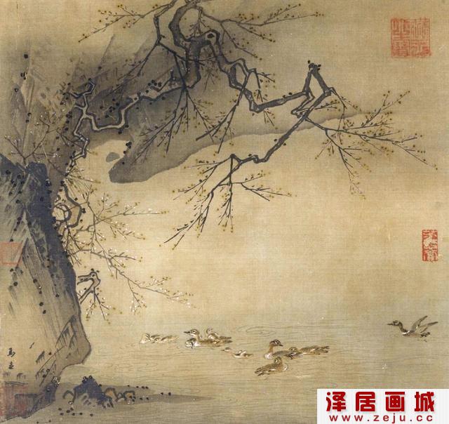 马远花鸟画：梅石溪凫图页