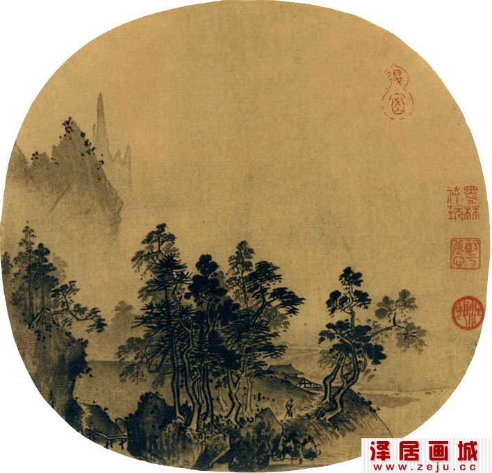 夏圭《烟岫林居图》_宋代水墨山水画扇面名画