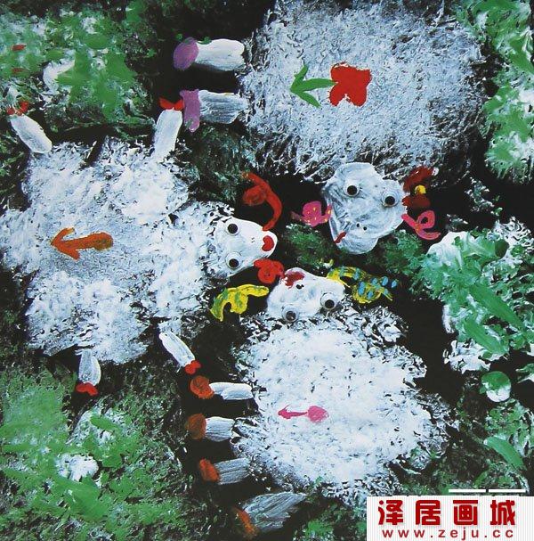 三只小绵羊在草地上儿童水粉画
