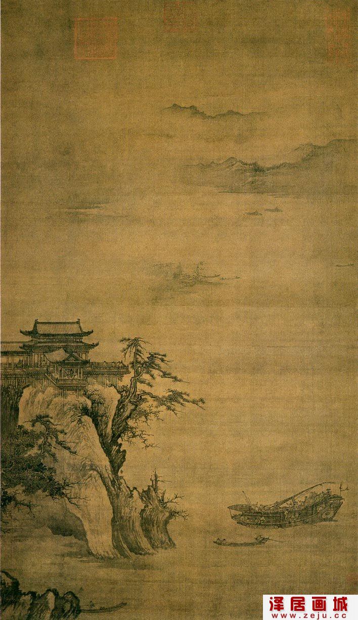 宋代《江天楼阁图》江山楼阁天水一色的全景式山水画