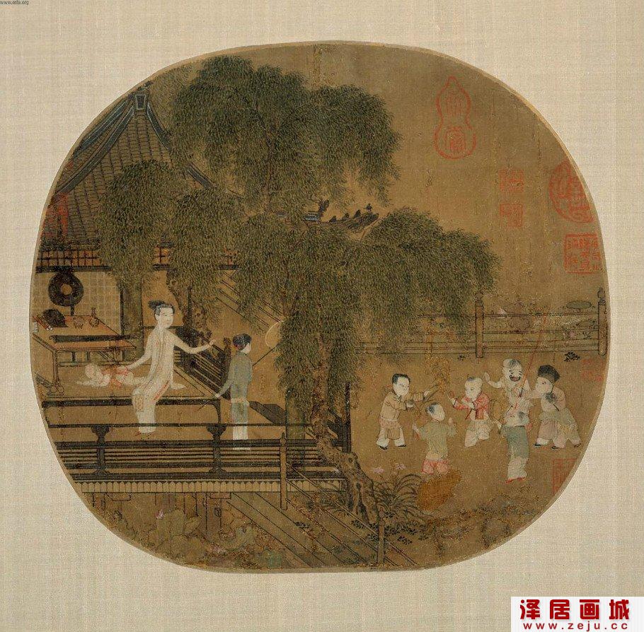 王齐翰作品荷亭婴戏图团扇