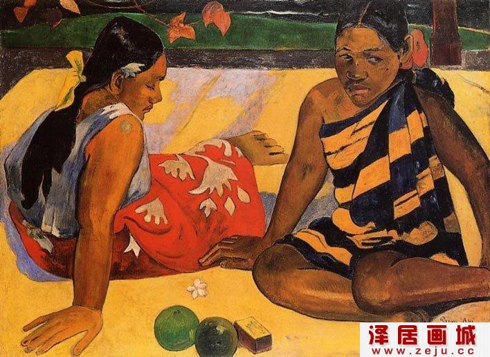 高更《塔希提妇女》坐在地上休息的两位塔希提妇女