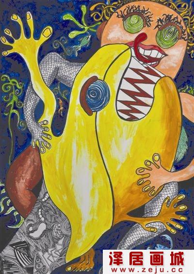 水粉画《我和动物的故事——抱抱大鱼》