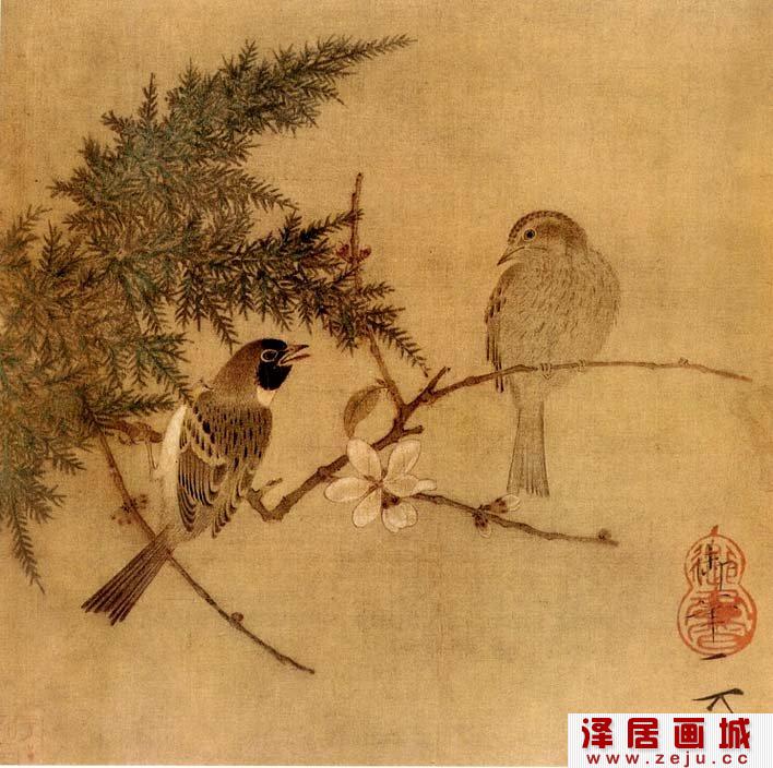 赵佶《腊梅双禽图》_宋徽宗工笔花鸟画赏析