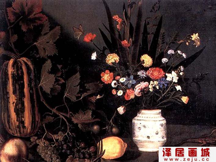 卡拉瓦乔《有花和水果的静物》局部高清大图