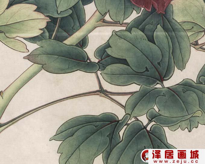 工笔画墨紫色牡丹局部大图之花叶部分
