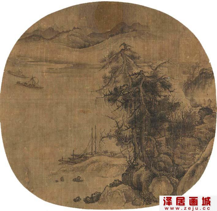 郭熙《春江帆饱图》宋代团扇山水名画高清大图