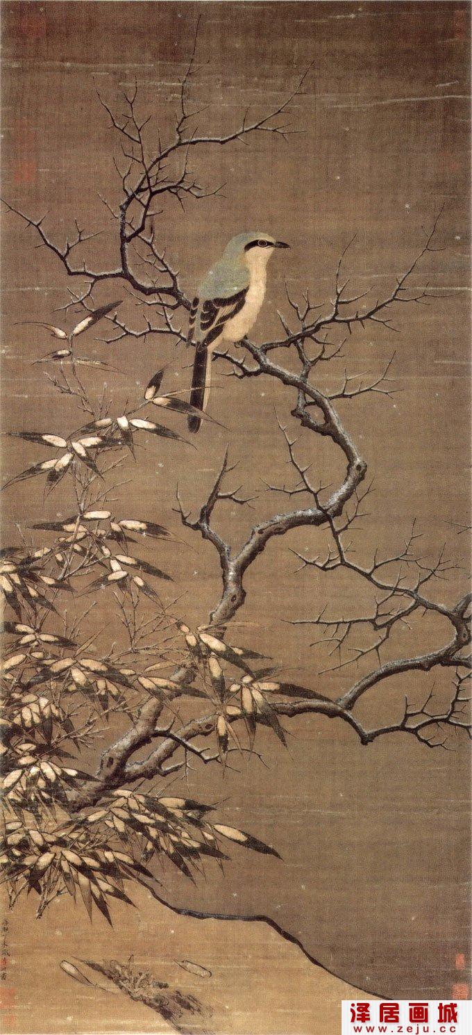 李迪《雪树寒禽图》描绘寒冬伯劳鸟,荆棘,竹叶的院体工笔花鸟画