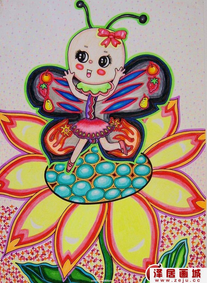 在荷花上跳舞的蝴蝶儿童水粉画