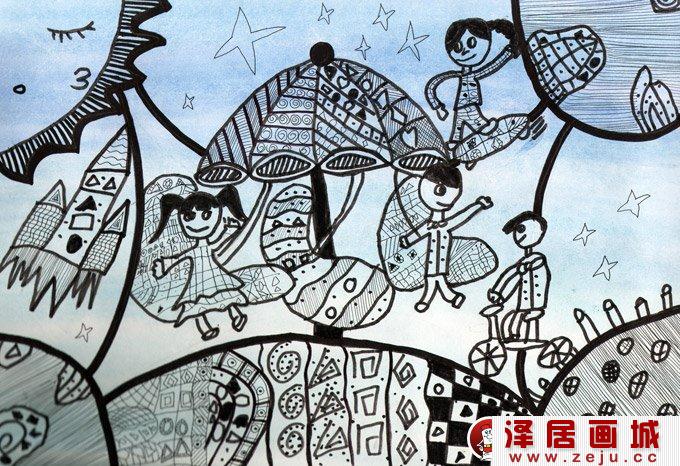 黑白简笔钢笔科幻画：一起去太空游乐场