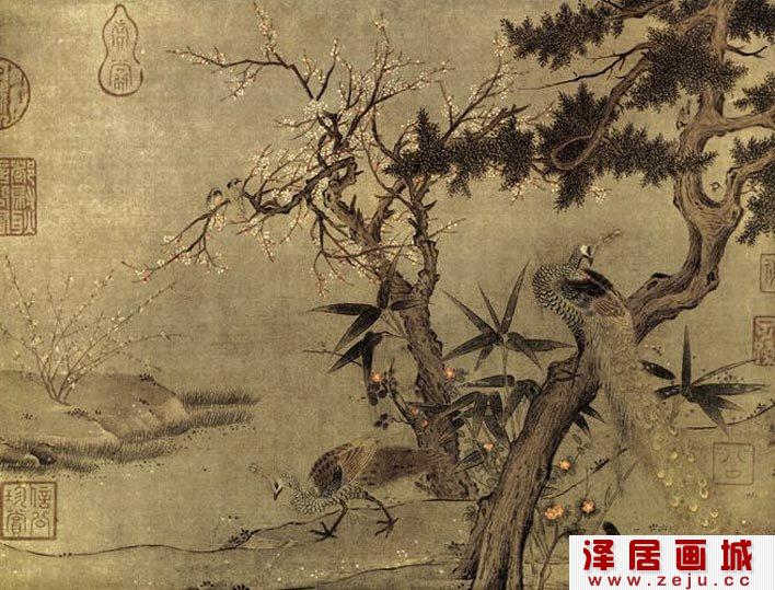 《红梅孔雀图》_宋代描绘孔雀,松树,梅花的工笔花鸟画