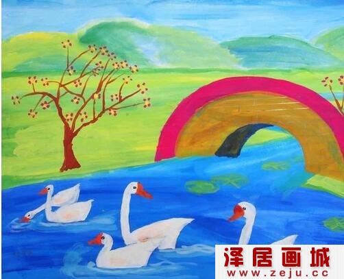 小鸭游泳水彩画