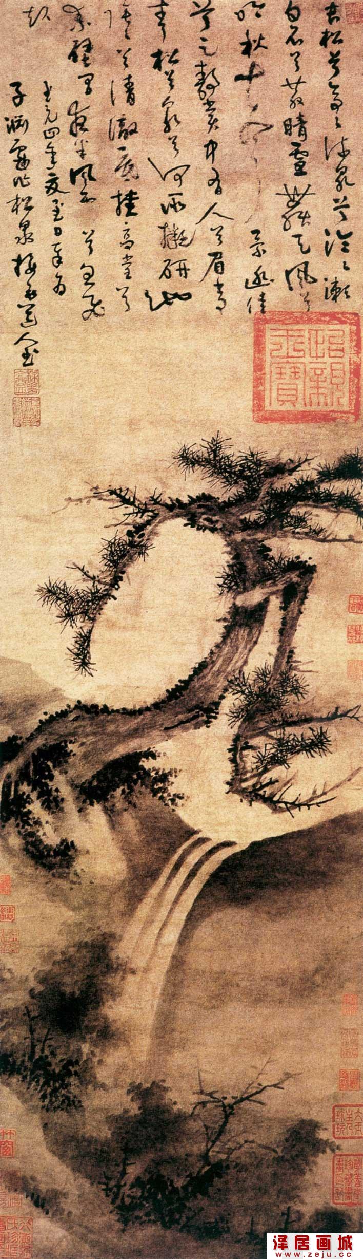 吴镇《松泉图》元代描绘松树和瀑布的水墨画