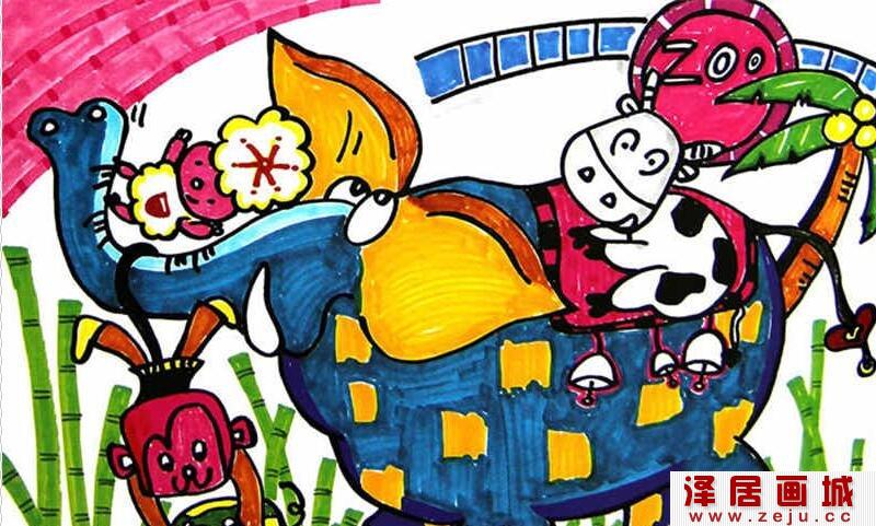 超萌大象儿童水彩画作品欣赏