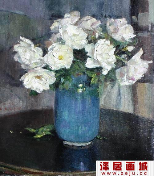 杨鸣山白色菊花油画作品