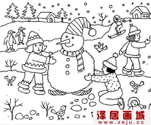 冬天雪景简笔画作品欣赏